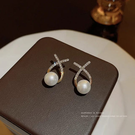 Diamond Studded Cross Pearl Stud Earrings